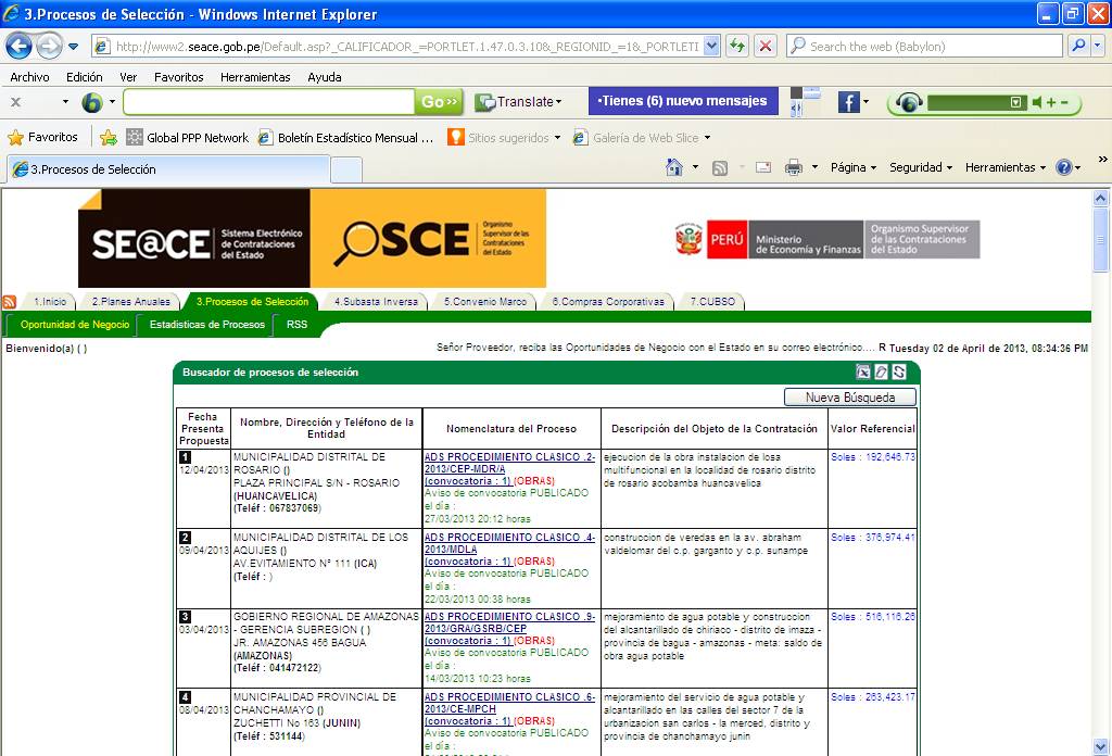 lista con procesos encontrados