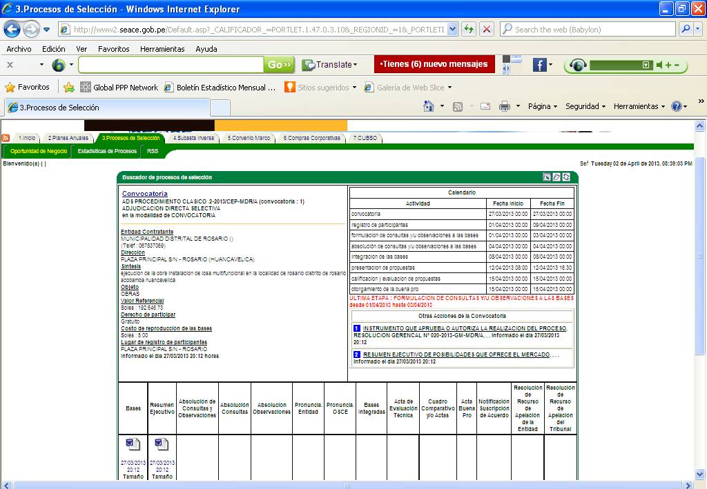 información de los datos del proceso